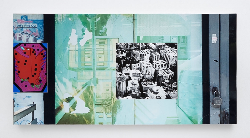 A mixed-media collage incorporating photographs and drawings into the canvas