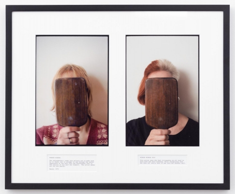 A diptych of two photographs; in each, a woman with light hair covers her face with a brown pentagonal mirror; text below