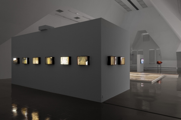 Backlit photographs line a wall, stretching around its right corner, with more works viewable behind.