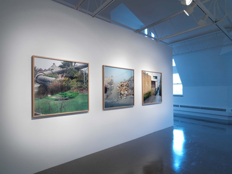 Four color photographs mounted on a wall in the center of the gallery