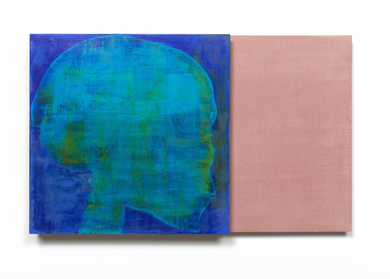 A teal skull on a deep blue background, layered on top of a peach canvas, looks to the right
