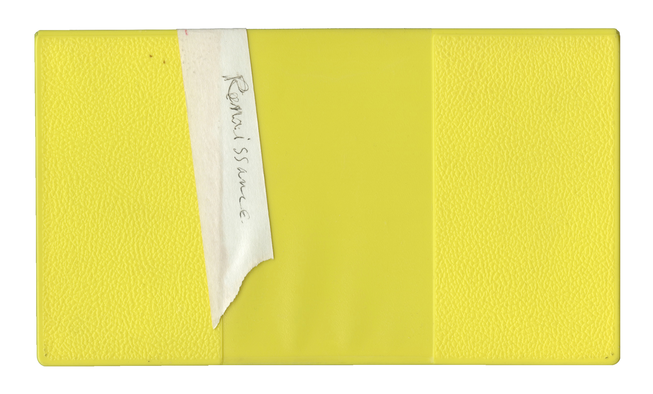 Yellow trifold case with scotch tape hanging over the first fold